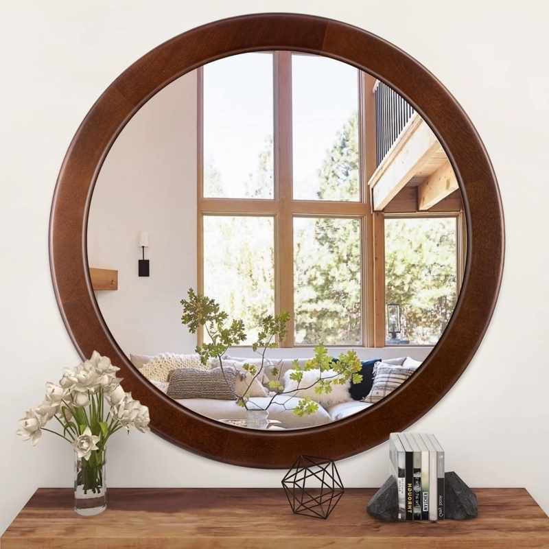 Wall Mirror Round Walnut Thick Frame Entryway Decor