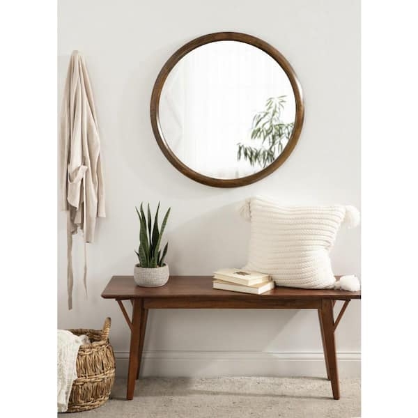 Wall Mirror, Round Walnut Wood with Deep Recessed Frame