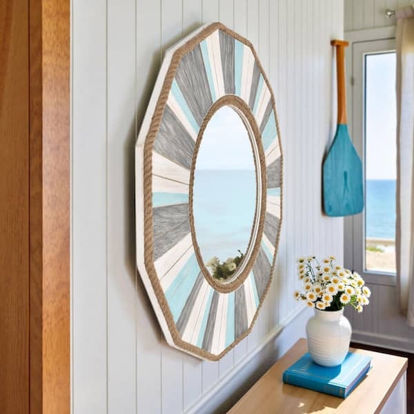 Wall Mirror Round Weathered Radial Plank Frame Coastal Blue Gray