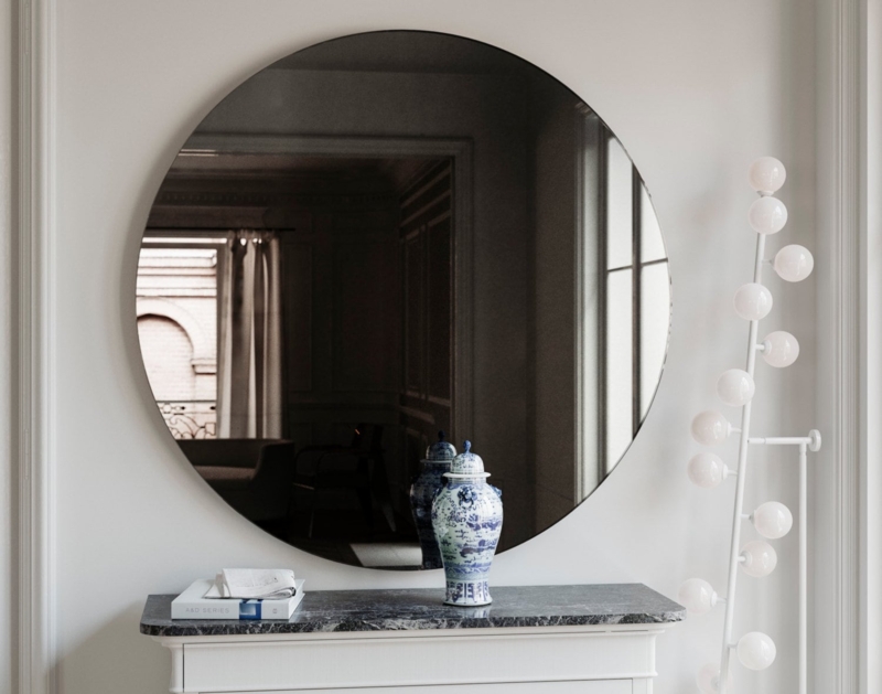 Wall Mirror Round Wide Black Glass Border Mid Century Glam