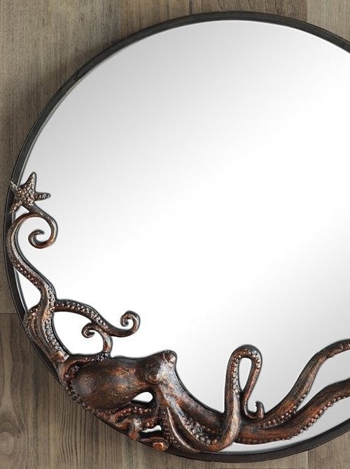 Wall Mirror: Round with Sculptural Antique Silver Octopus Frame