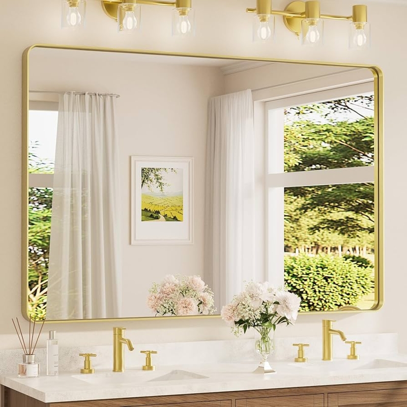 Wall Mirror Rounded Corners Brushed Gold Thin Frame Vanity Decor