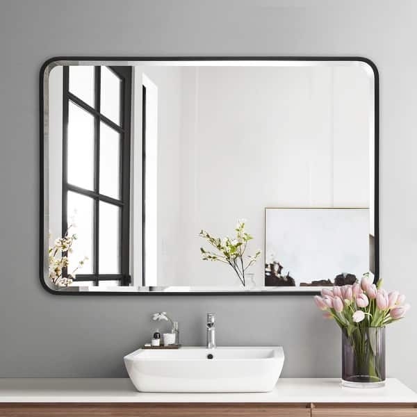 Wall Mirror Rounded Corners Matte Black Frame Beveled Edge Bath Vanity