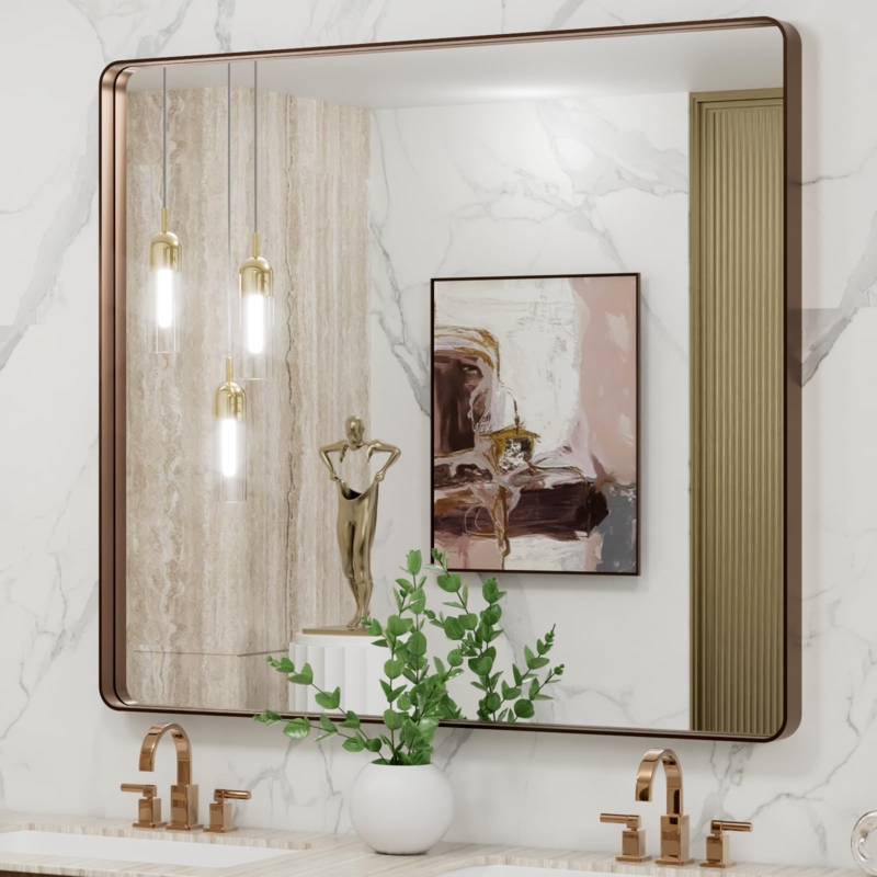 Wall Mirror Rounded Rectangle Brushed Finish, Modern Bathroom Design.