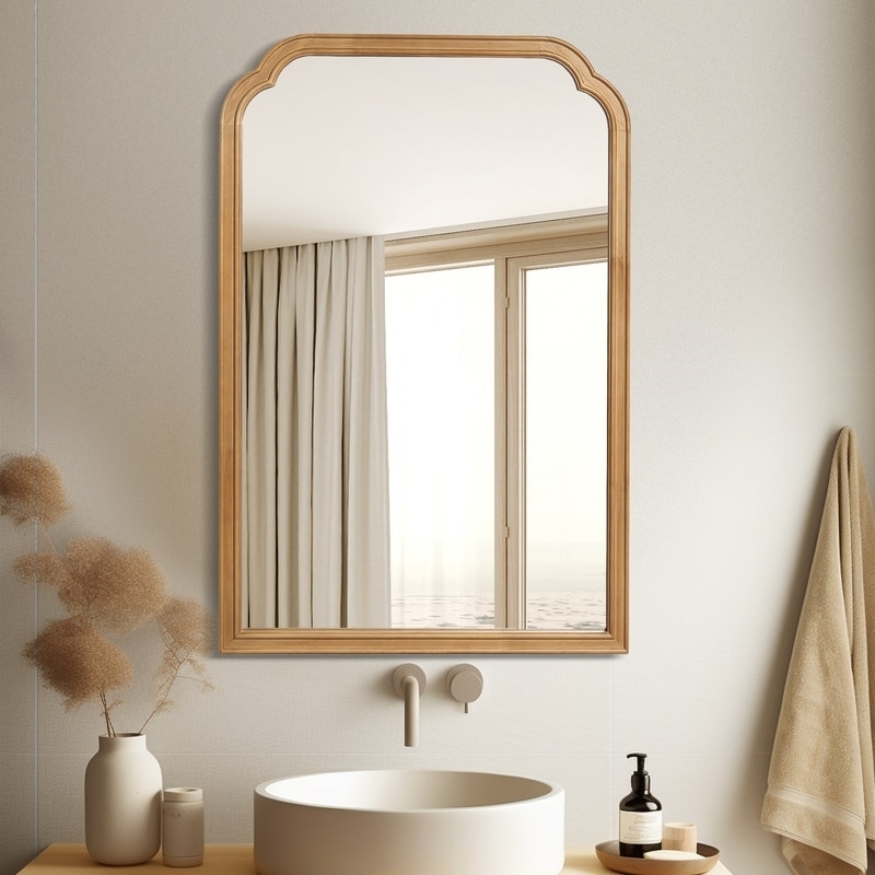 Wall Mirror: Rustic Brown Wood Tone Scalloped Corners Arched Top