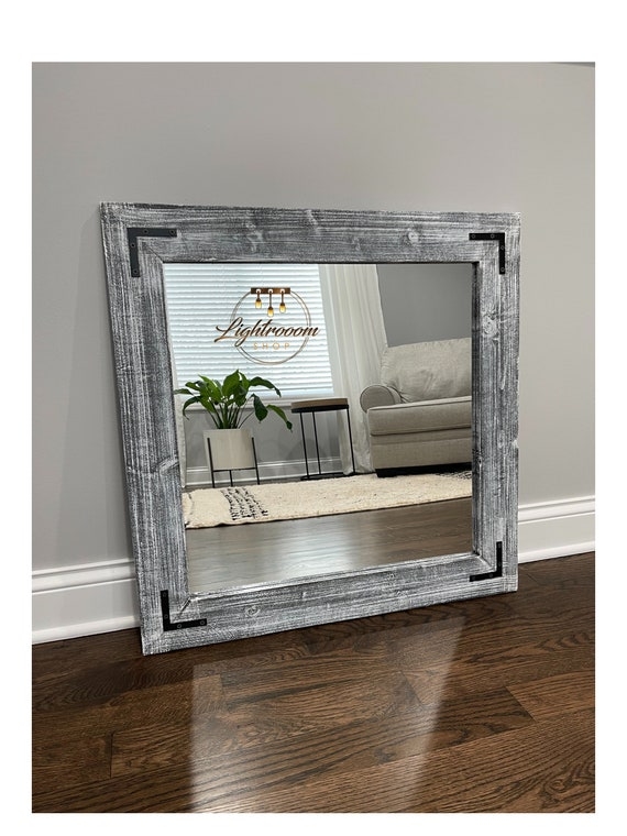 Wall Mirror, Rustic Whitewashed, Distressed Chunky Wood Frame