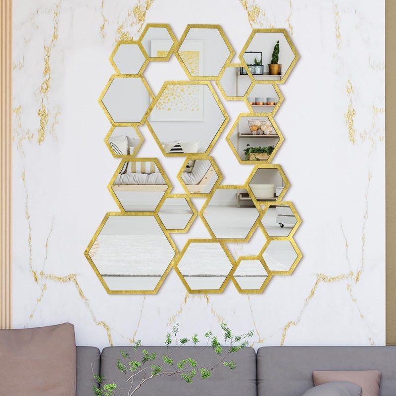 Wall Mirror Set: 20 Piece Modular Gold Hexagon Honeycomb Cluster