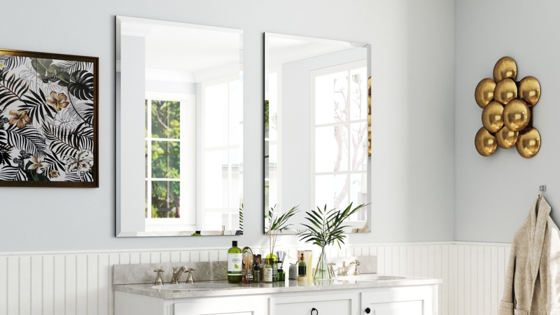 Wall Mirror Set Beveled Edge Polished Glass Frameless Design