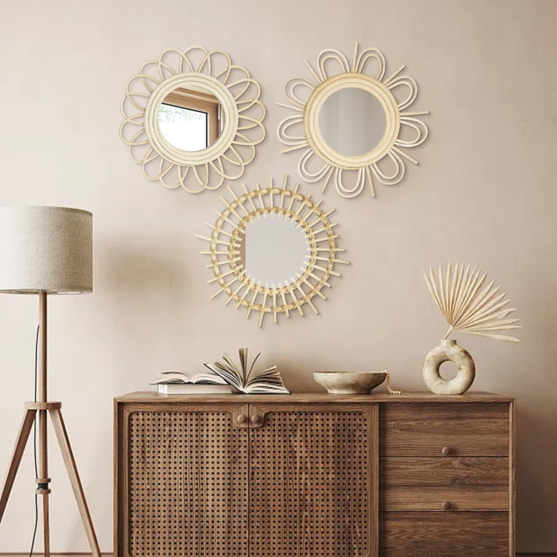 Wall Mirror Set: Boho Sunburst Woven Ray Texture Trio