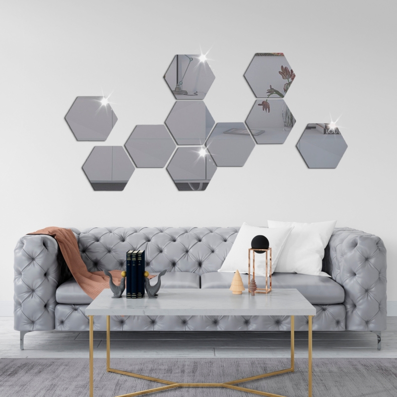 Wall Mirror Set: Gold Acrylic Hexagon Peel and Stick Cluster Layout