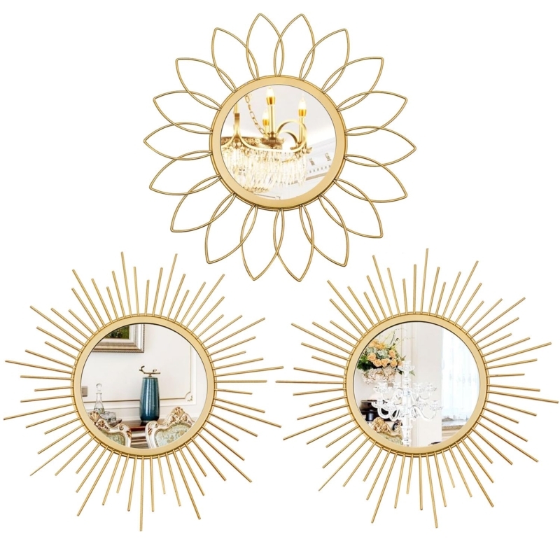 Wall Mirror Set Mixed Petal and Sunburst Styles, Gold Wire Construction