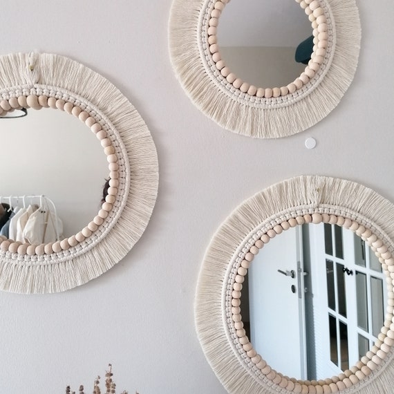 Wall Mirror Set of 3 with Off-White Macrame Fringe and Wooden Beads