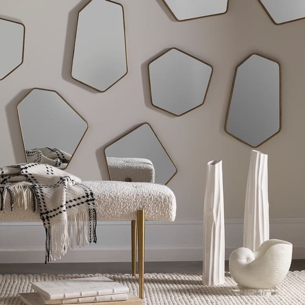 Wall Mirror Set of 4, Rounded Corner Grid with Natural Wood Frames