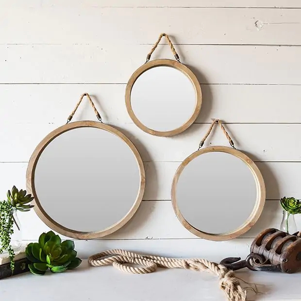 Wall Mirror Set of Three Round Knotted Rope Hanger Rustic Coastal