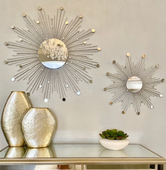 Wall Mirror Set Silver Rhinestone Accents three piece decorative