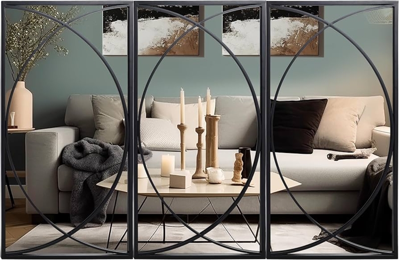 Wall Mirror Set: Slim Black Metal Rectangular Triptych Arrangement