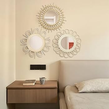 Wall Mirror Set: Wood Sunburst Radiating Spokes Rustic
