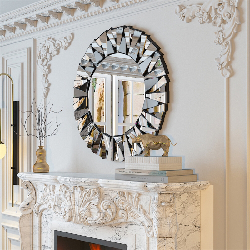 Wall Mirror Silver Sunburst Staggered Radial Strips Glam