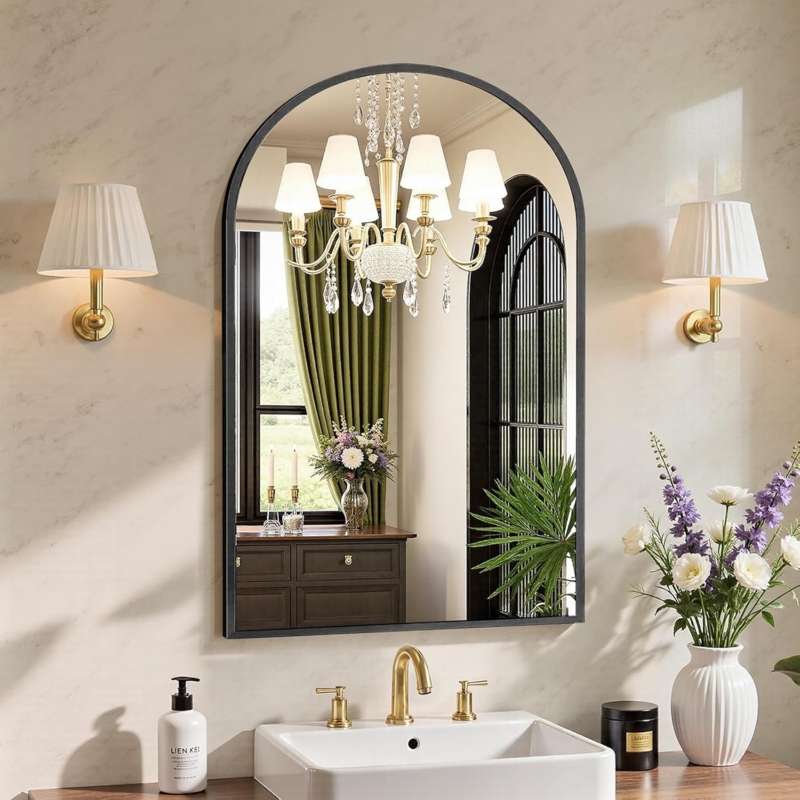 Wall Mirror: Slender Matte Black Frame Arch-Crowned Top Minimalist