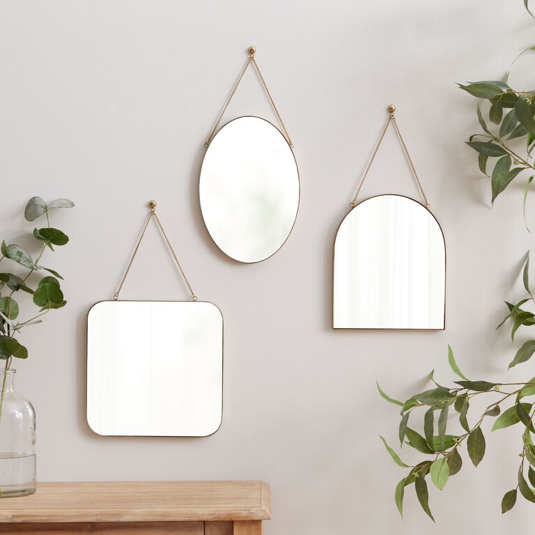 Wall Mirror Square Hanging Chain Gold Metal Polished Rounded Corners
