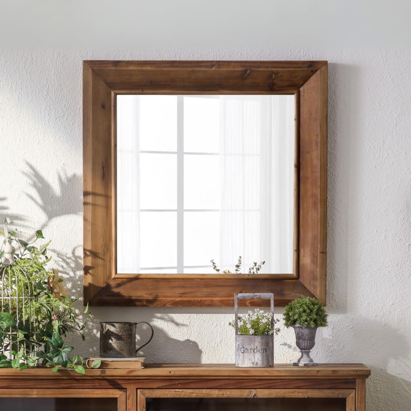 Wall Mirror Square Silhouette Chunky Wood Frame Dark Brown Rustic Style