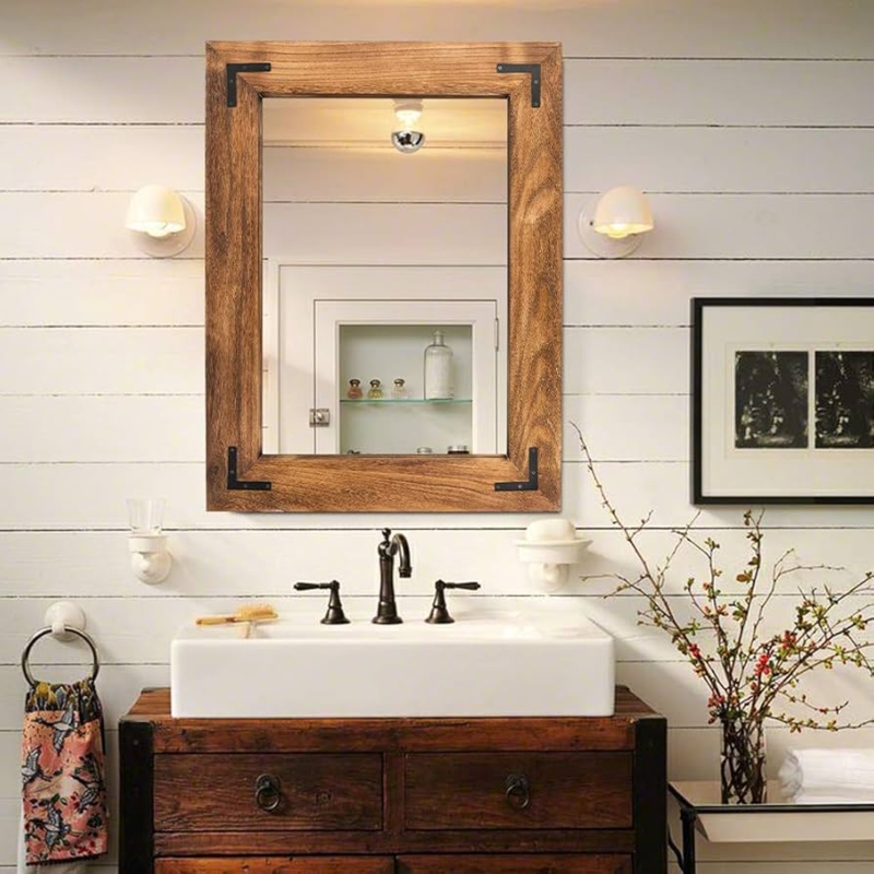 Wall Mirror Thick Frame Visible Wood Grain Mitered Corners Brown