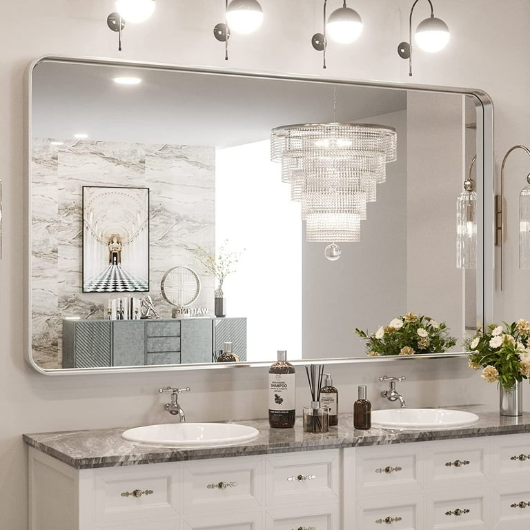Wall Mirror Thin Metal Frame Brushed Silver Large Scale Rectangle