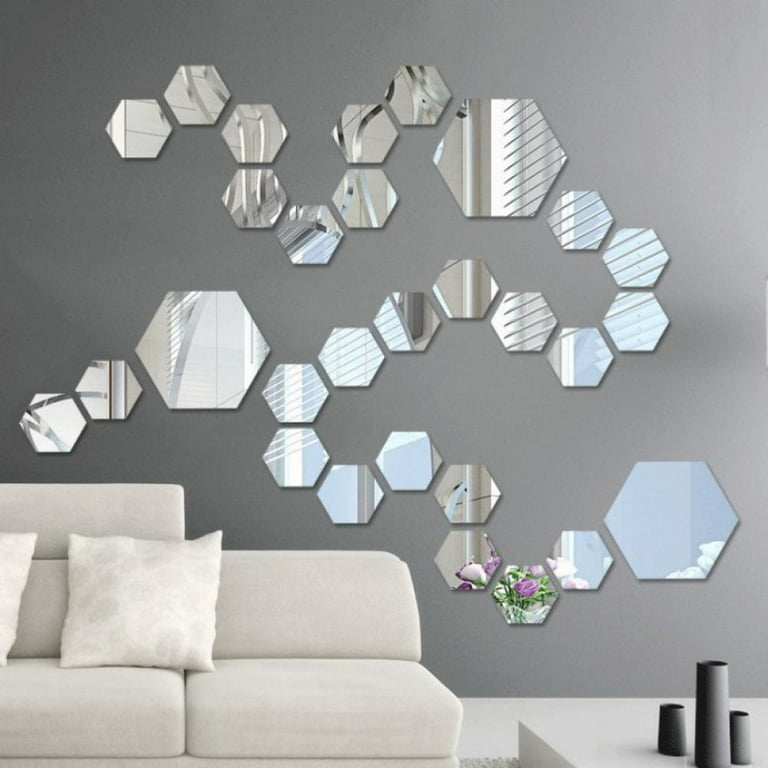 Wall Mirror Tiles: 12 Piece Frameless Silver Hexagon Reflective Finish