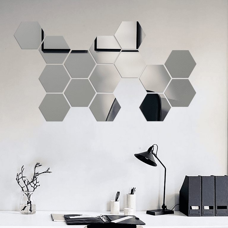 Wall Mirror Tiles: 15 Piece Acrylic Hexagon with Beveled Edge
