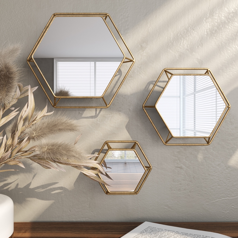 Wall Mirror Trio: Wood Toned Hexagonal Frames Bohemian Geometric Set