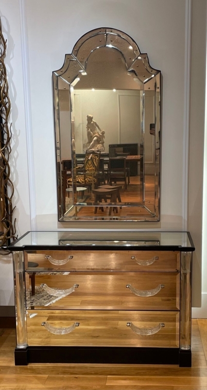 Wall Mirror Venetian Etching Dome Top Antiqued Beveled Glass Pair