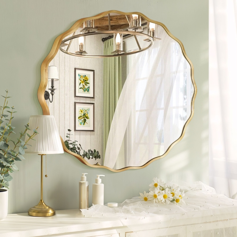 Wall Mirror Wavy Frame Round Contemporary Decor Scalloped