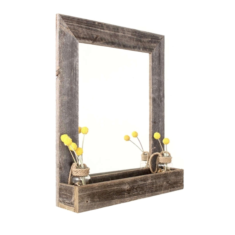 Wall Mirror With Built-In Shelf Weathered Wood Beveled Edge Detail