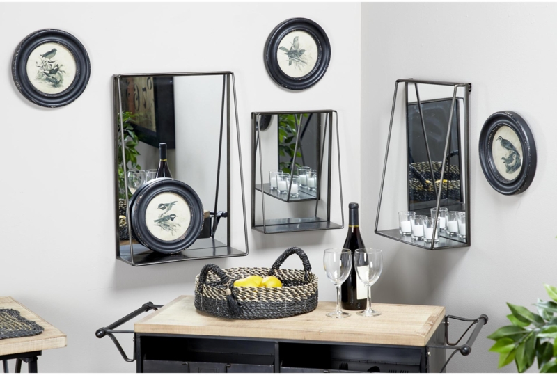Wall Mirror with Metal Frame and Integrated Shelf for Industrial Decor