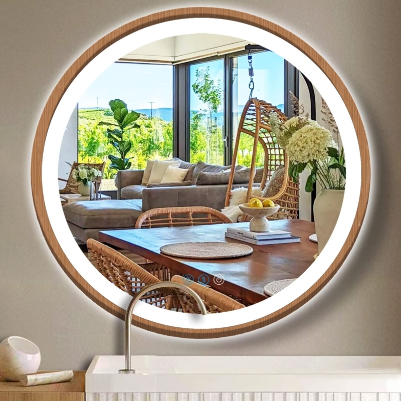 Wall Mirror with Round Silhouette, LED Lighting, and Wood Toned Frame
