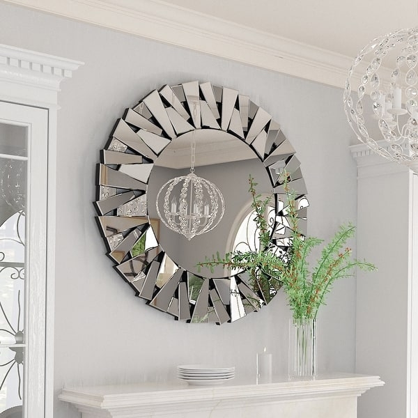 Wall Mirror with Segmented Glass Frame, Contemporary Sunburst Decor