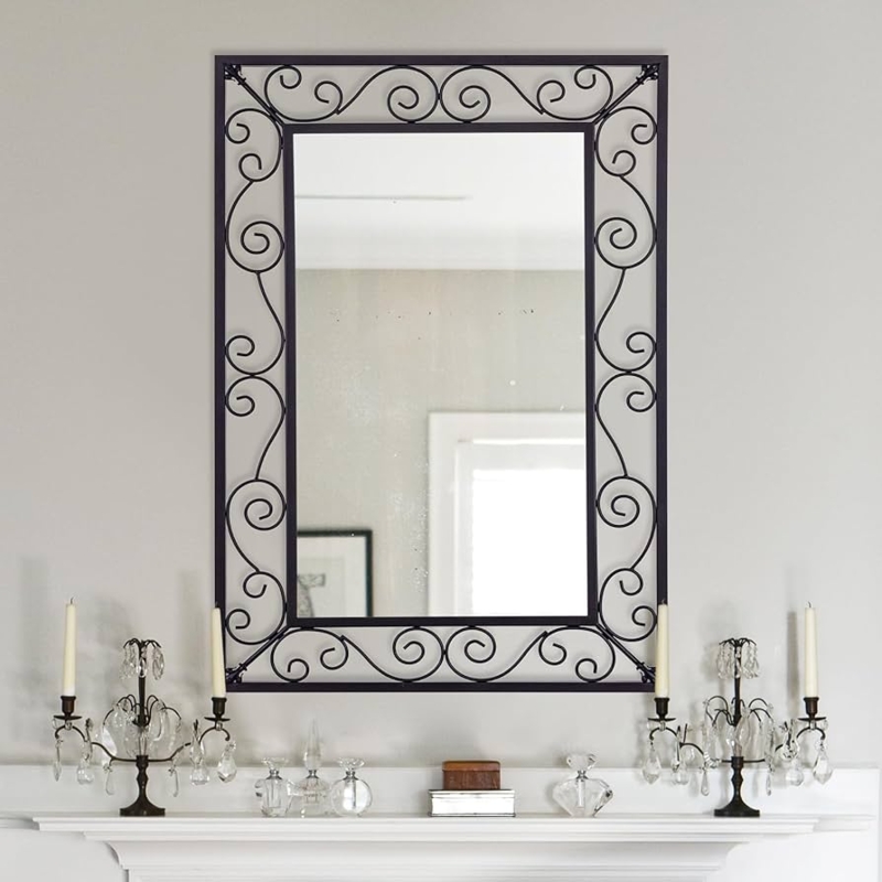 Wall Mirror with Wrought Iron Frame, Industrial Entryway Styling