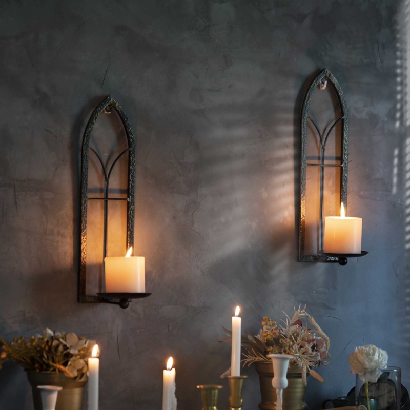 Wall Sconce Pair, Gothic Scrollwork & Hurricane Glass, Distressed Gold