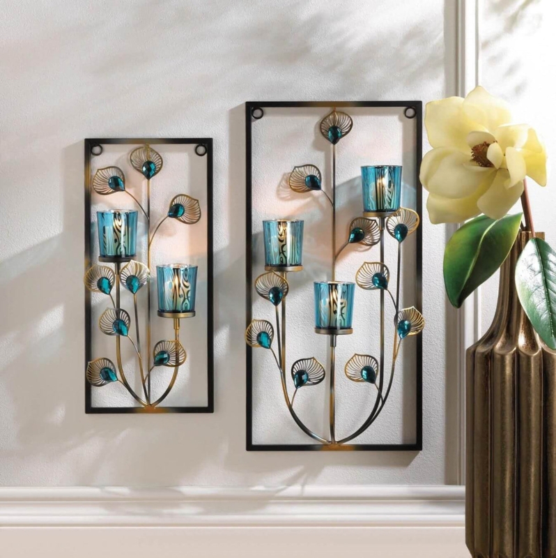 Wall Sconce, Peacock Design, Vibrant Teal and Gold Sculpted Metal