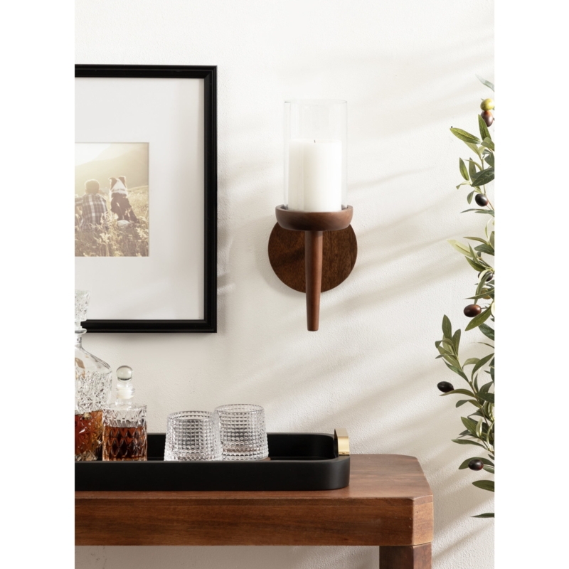 Wall Sconce Tapered Wood Frame Walnut Transitional Wood Candle Holder