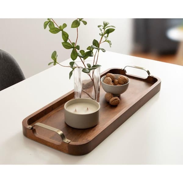 Walnut Decorative Tray Rectangular with Gold Handles Transitional Decor
