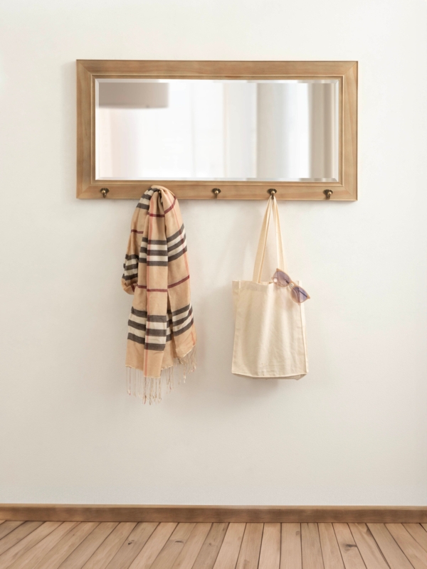 Walnut Finish Accent Mirror with Narrow Display Shelf and Hooks