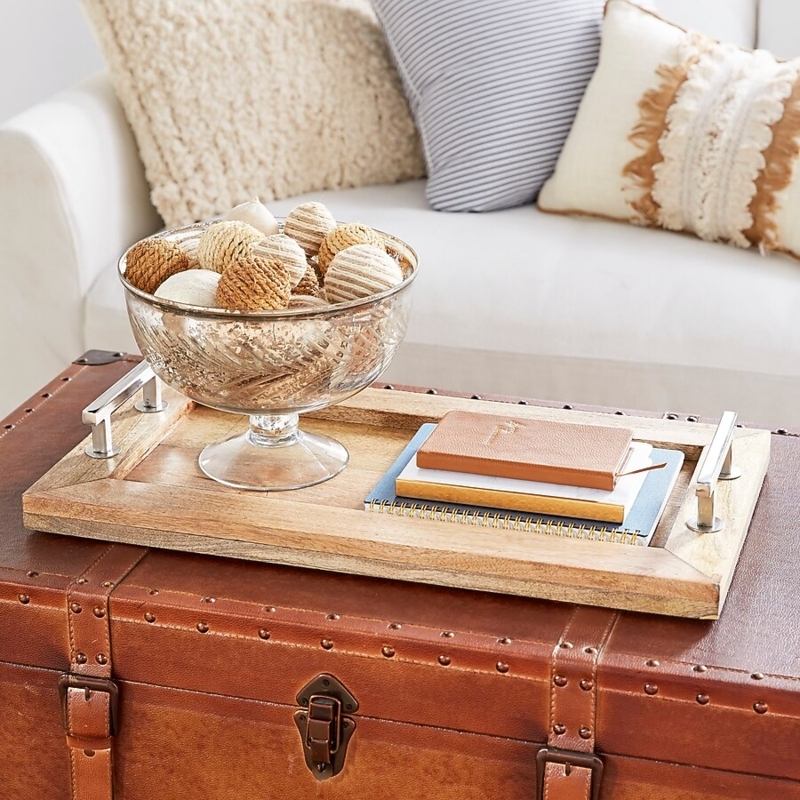 Warm Brown Wood Rectangular Decorative Tray Low Profile Metal Handles