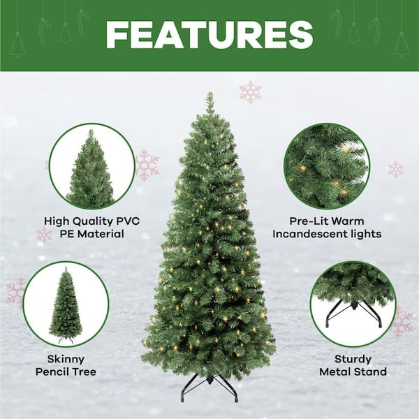 Warm Lit Artificial Pencil Tree, Slim Silhouette, Deep Green, Metal Stand