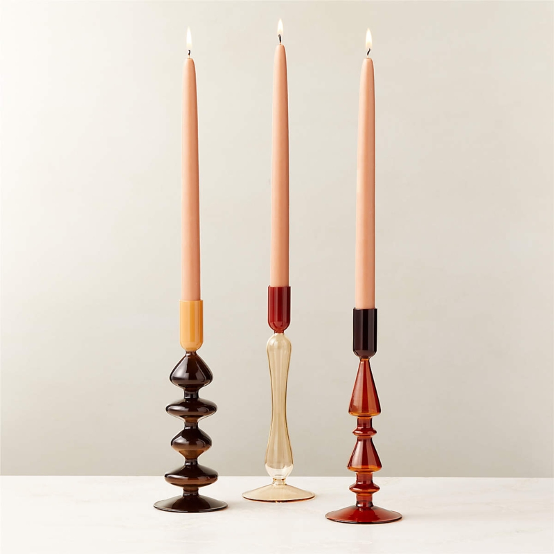 Warm Toned Glass Taper Holder Set, Spherical Base & Varying Heights
