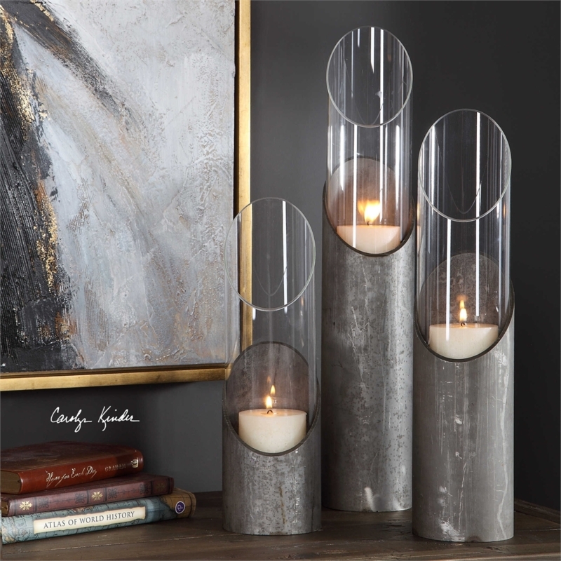 Weathered Pewter Pipe Candle Holder Set Staggered Industrial