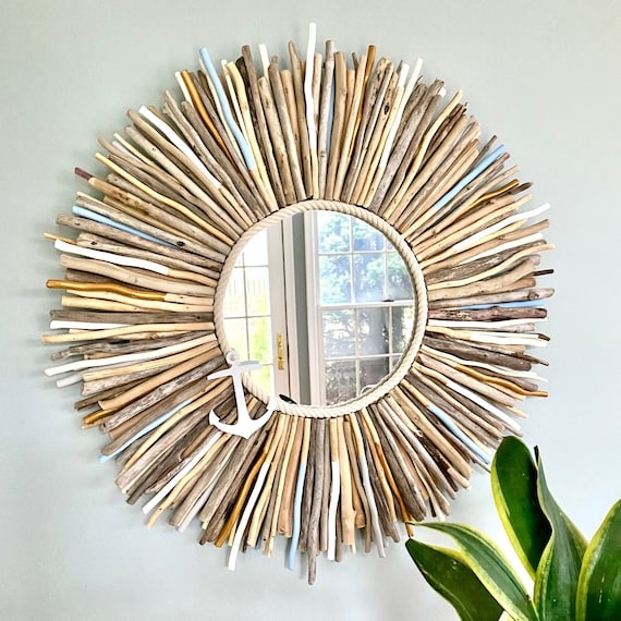 Weathered Round Wall Mirror with Driftwood Sunburst Silhouette