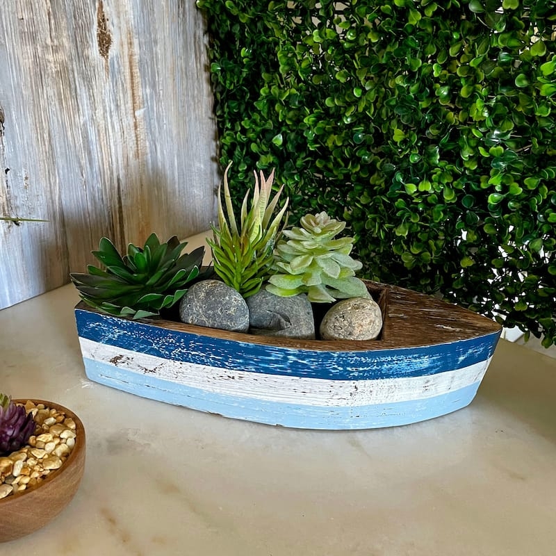 Weathered White Boat Tray Blue Trim Nautical Coastal Decor Centerpiece Bowl