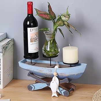 Weathered Wood Boat Votive Holder with Navy Rope Accents