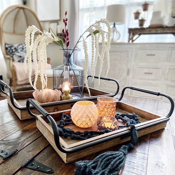 Weathered Wood Serving Trays with Rounded Metal Handles